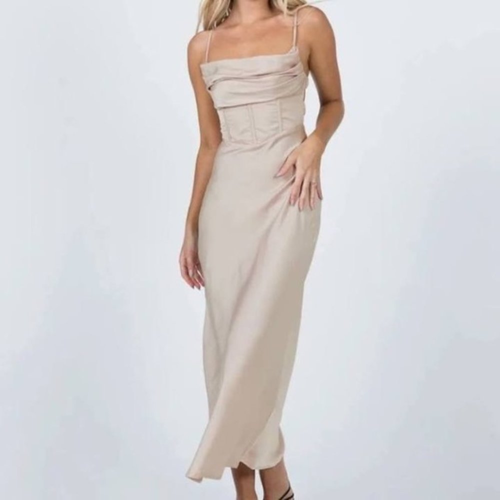 Princess Polly Champagne Lillie Corset Open Back Satin A-line Midi Dress 2 US